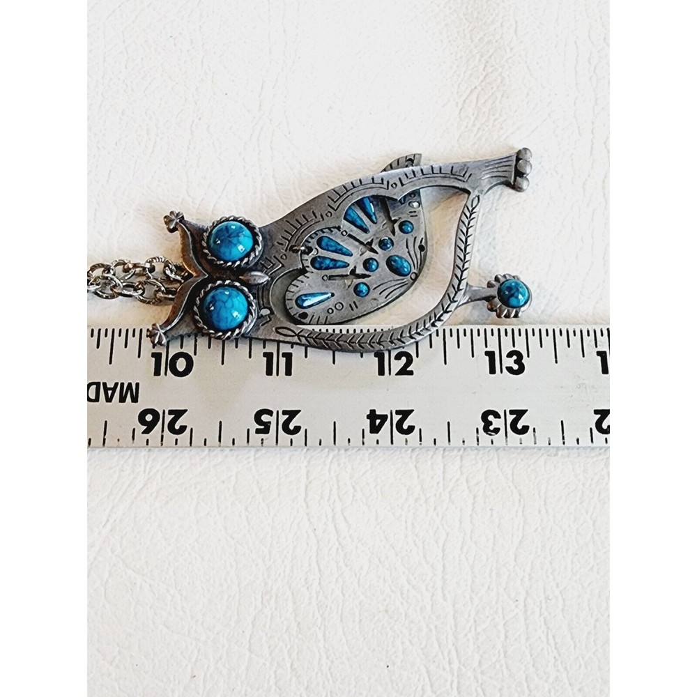 PEWTER  GOLD CROWN INC. OWL NECKLACE WITH FAUX TURQUOISE BLUE PENDANT - Picture 8 of 8